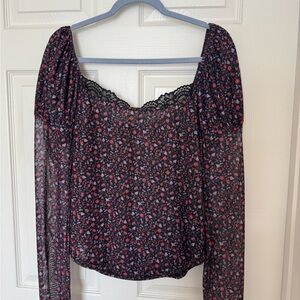 Maeve Black and Pink Floral Blouse with Lace Detail